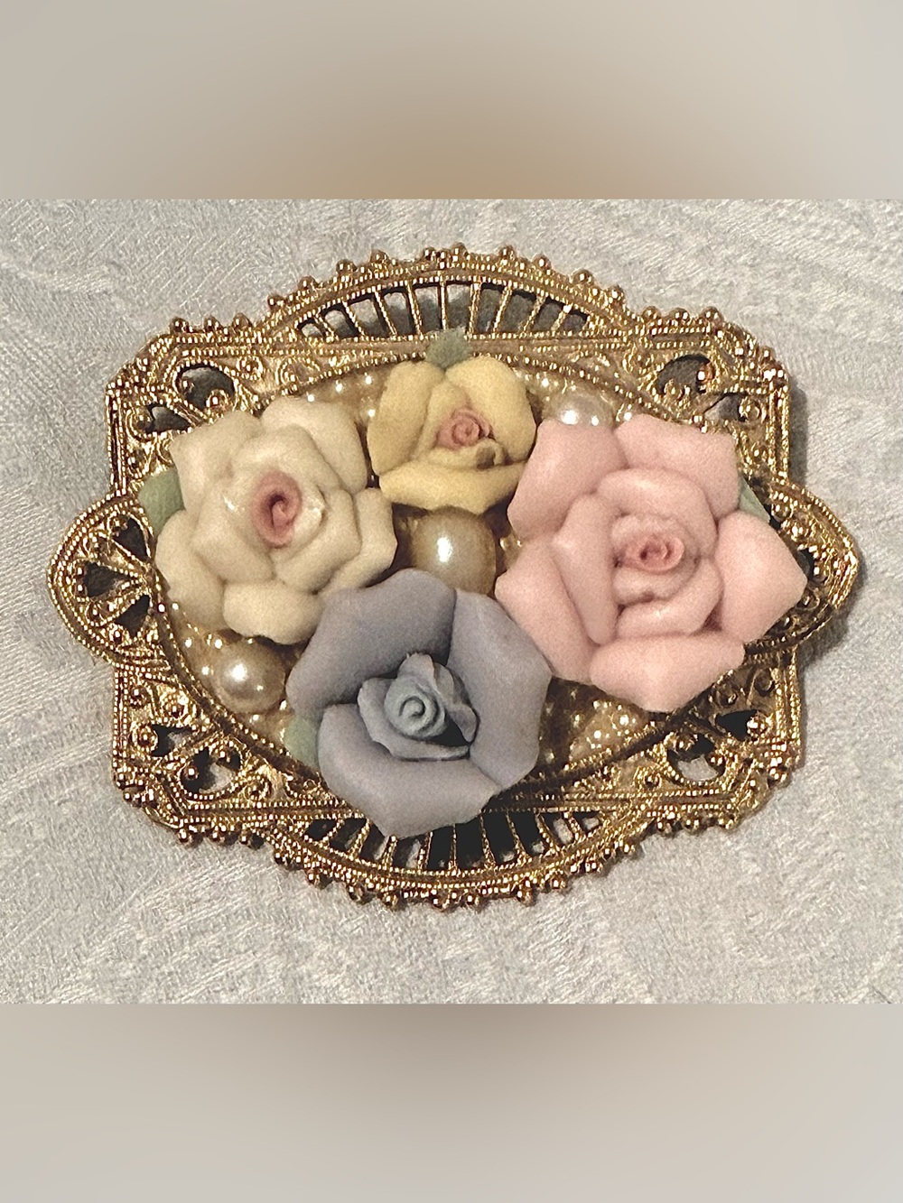1928 Floral Porcelain Brooch Pink, Blue, Cream & Yellow - Gold Tone Filigree